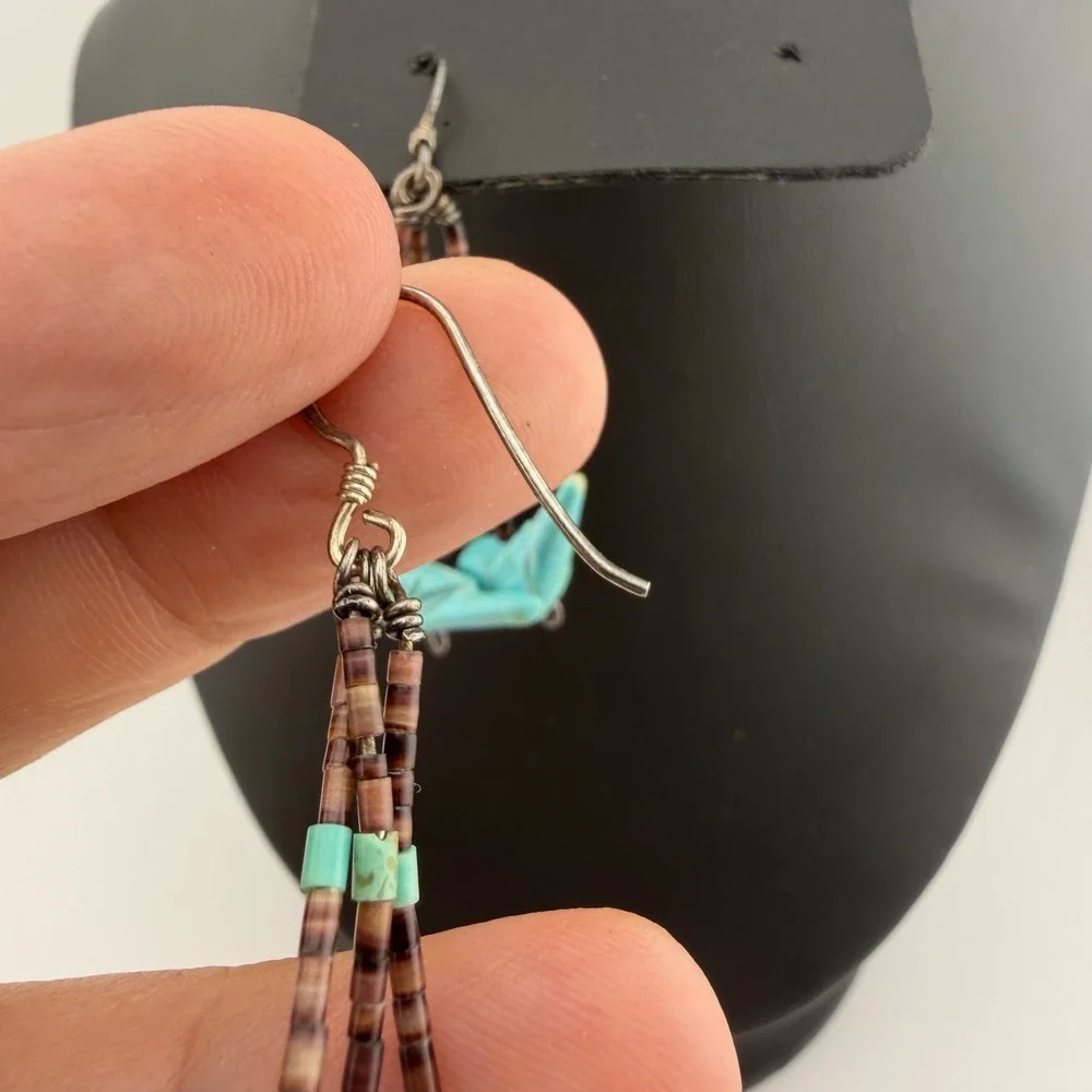 Native American Zuni Fetish Turquoise Bird Dangle Earrings Heishi Shell Boho
